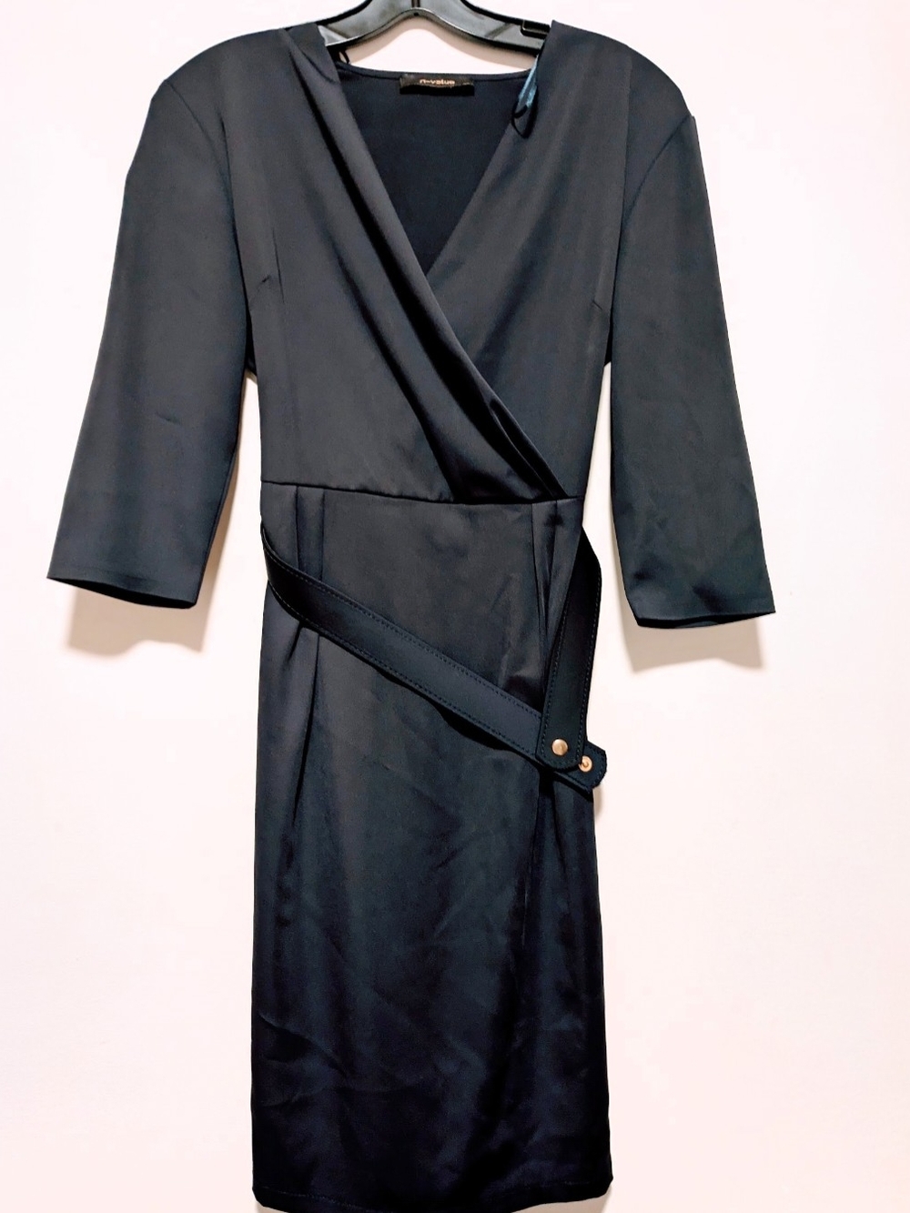 Elegant Black Faux-Wrap Long Sleeve Sheath Dress with Belt Detail